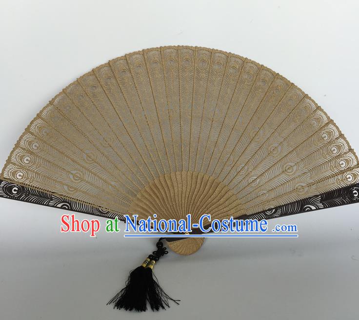 Handmade Chinese Sandalwood Fan Folding Fan Carving Peacock Feather Craft Accordion