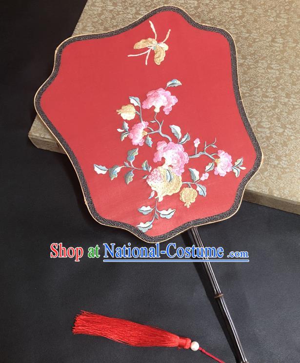 China Handmade Red Silk Fan Ancient Princess Fans Traditional Wedding Fan Vintage Embroidered Pomegranate Flower Palace Fan