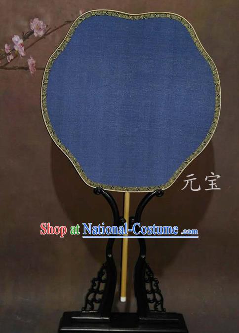 China Handmade Blue Silk Palace Fan Ancient Princess Ingot Shaped Fan Traditional Suzhou Fan Vintage Song Dynasty Court Fan