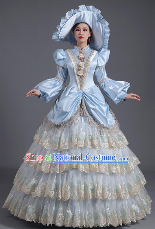 Custom Western Style Court Clothes Europe Vintage Garment Costume Stage Performance Fashion European Countess Blue Full Dress