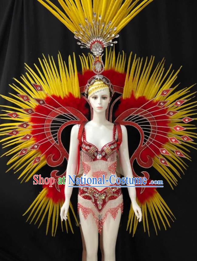 Custom Samba Dance Uniforms Brazilian Carnival Costumes Professional Catwalks Clothing Woman Swimsuits and Red Feather Butterfly Wings Headdress