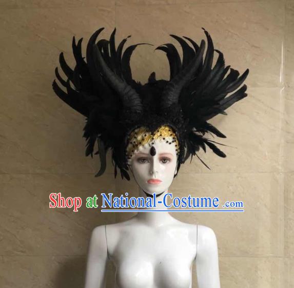 Handmade Black Angel Feathers Royal Crown Halloween Cosplay Hair Accessories Samba Dance Headpiece Rio Carnival Headdress