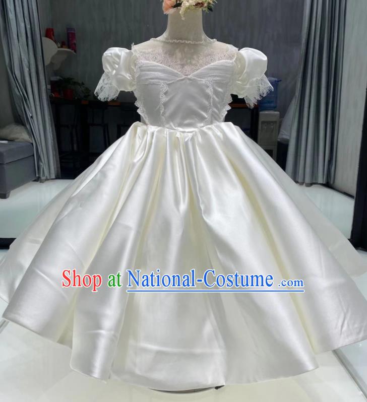 Top Children Stage Performance White Satin Full Dress Catwalks Show Clothing Girl Compere Evening Garment