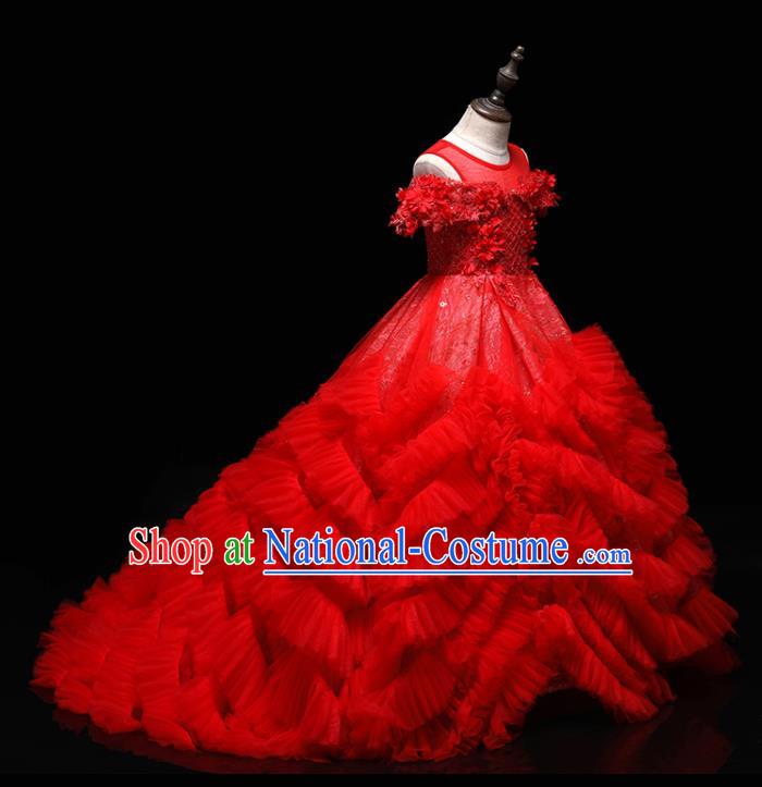 Top Christmas Princess Red Lace Garment Children Stage Performance Formal Clothing Girl Catwalks Show Trailing Evening Dress