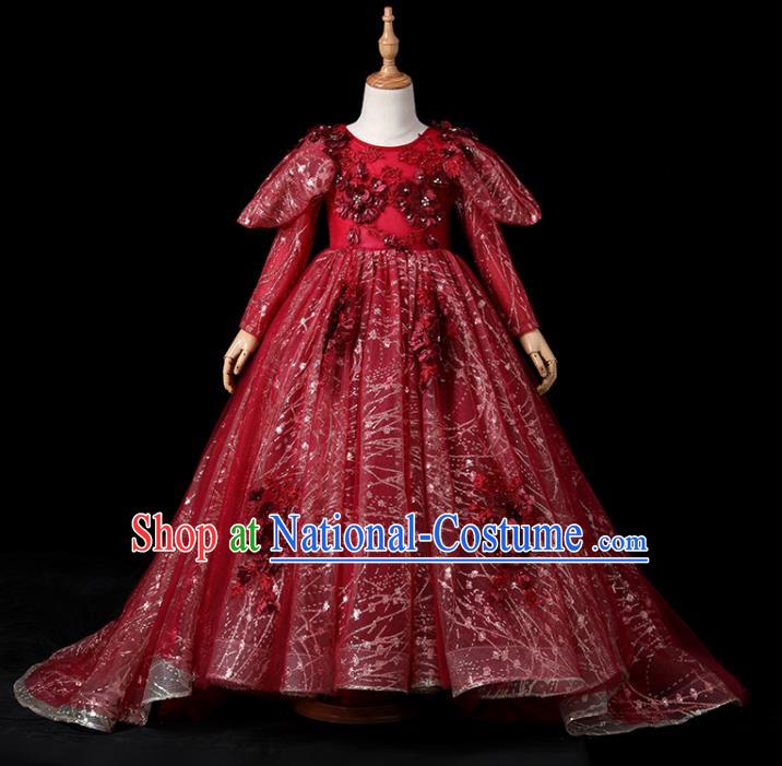 Top Children Stage Show Formal Clothing Girl Catwalks Wine Red Evening Dress Christmas Princess Fashion Garment