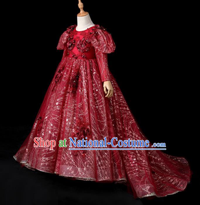 Top Children Stage Show Formal Clothing Girl Catwalks Wine Red Evening Dress Christmas Princess Fashion Garment