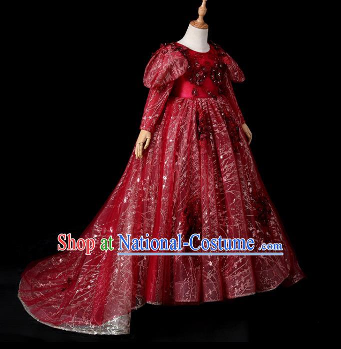 Top Children Stage Show Formal Clothing Girl Catwalks Wine Red Evening Dress Christmas Princess Fashion Garment