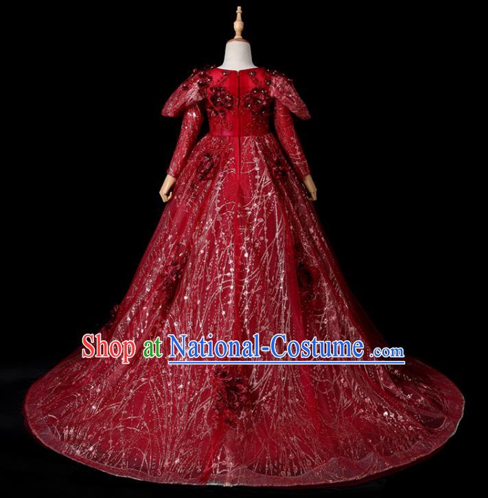 Top Children Stage Show Formal Clothing Girl Catwalks Wine Red Evening Dress Christmas Princess Fashion Garment