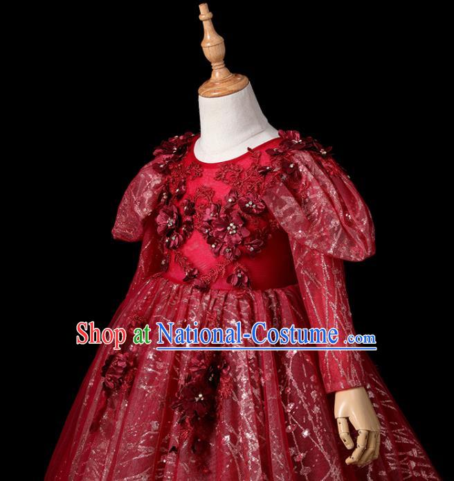 Top Children Stage Show Formal Clothing Girl Catwalks Wine Red Evening Dress Christmas Princess Fashion Garment