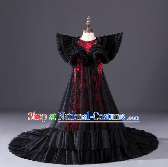 Top Christmas Gothic Princess Fashion Garment Children Stage Show Formal Clothing Girl Catwalks Black Angel Wings Evening Dress