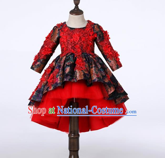 Top Girl Catwalks Red Lace Flowers Bubble Evening Dress Christmas Princess Dance Fashion Garment Children Stage Show Formal Clothing