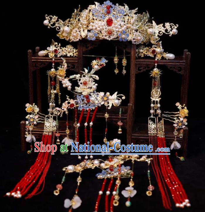 Chinese Classical Headpieces Handmade Hair Accessories Ancient Bride Hair Crown Wedding Cloisonne Phoenix Coronet and Tassel Hairpins