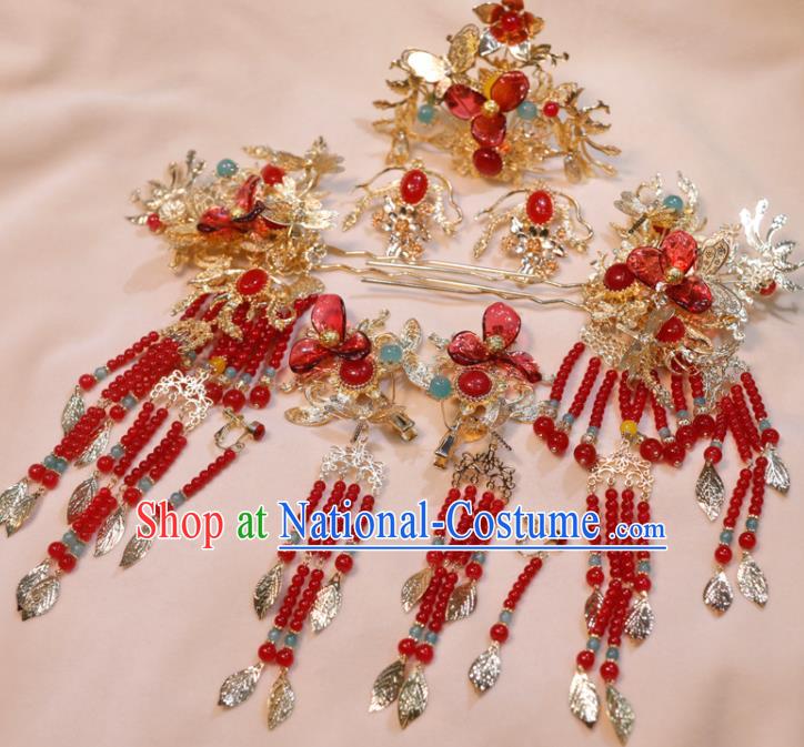 Chinese Handmade Tassel Hairpins and Hair Crown Classical Wedding Hair Accessories Ancient Bride Headpieces Xiuhe Suits Headdress