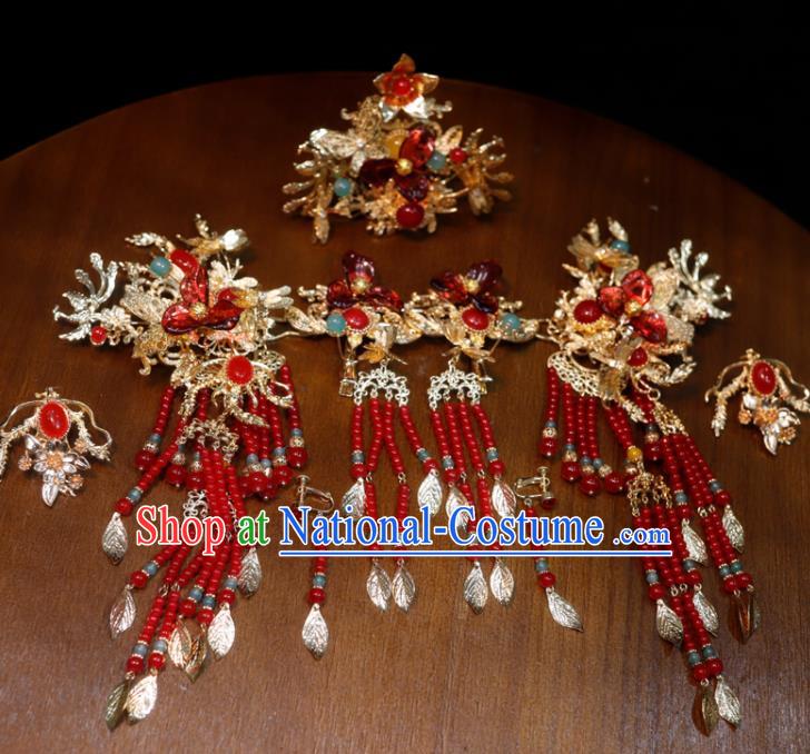 Chinese Handmade Tassel Hairpins and Hair Crown Classical Wedding Hair Accessories Ancient Bride Headpieces Xiuhe Suits Headdress