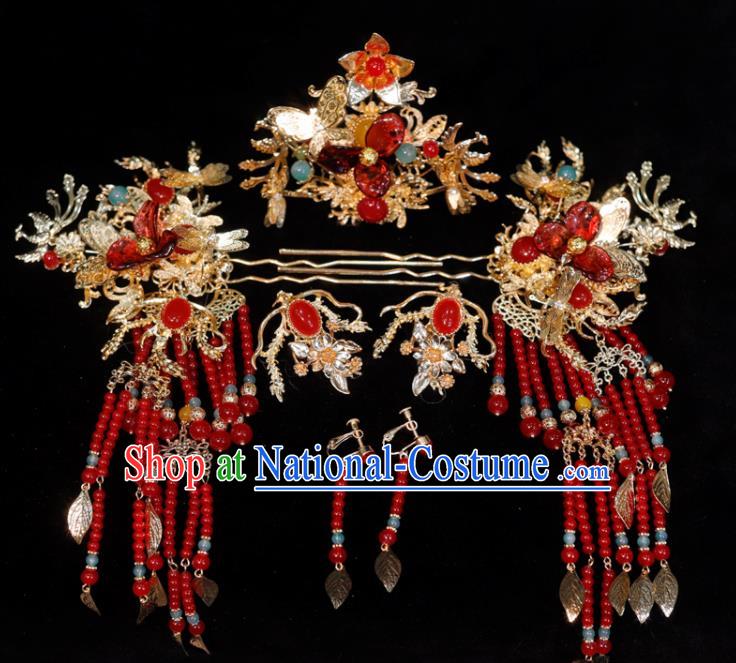 Chinese Handmade Tassel Hairpins and Hair Crown Classical Wedding Hair Accessories Ancient Bride Headpieces Xiuhe Suits Headdress