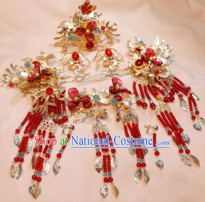 Chinese Handmade Tassel Hairpins and Hair Crown Classical Wedding Hair Accessories Ancient Bride Headpieces Xiuhe Suits Headdress