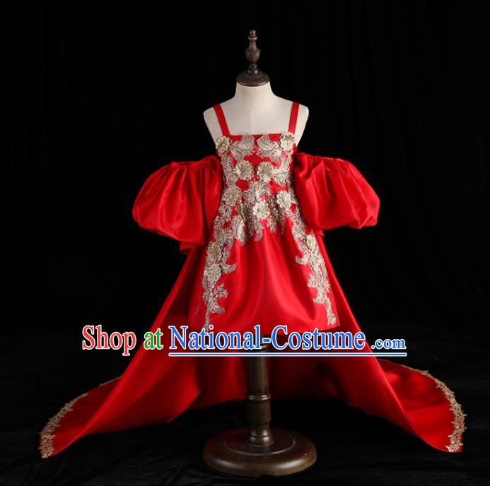 Top Children Stage Show Formal Clothing Catwalks Red Trailing Evening Dress Girl Princess Fashion Garment