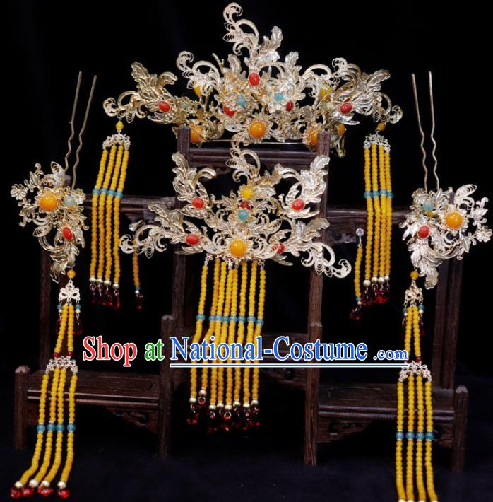 Chinese Ancient Bride Phoenix Coronet Classical Yellow Tassel Hairpins Hanfu Headdress Handmade Wedding Hair Accessories