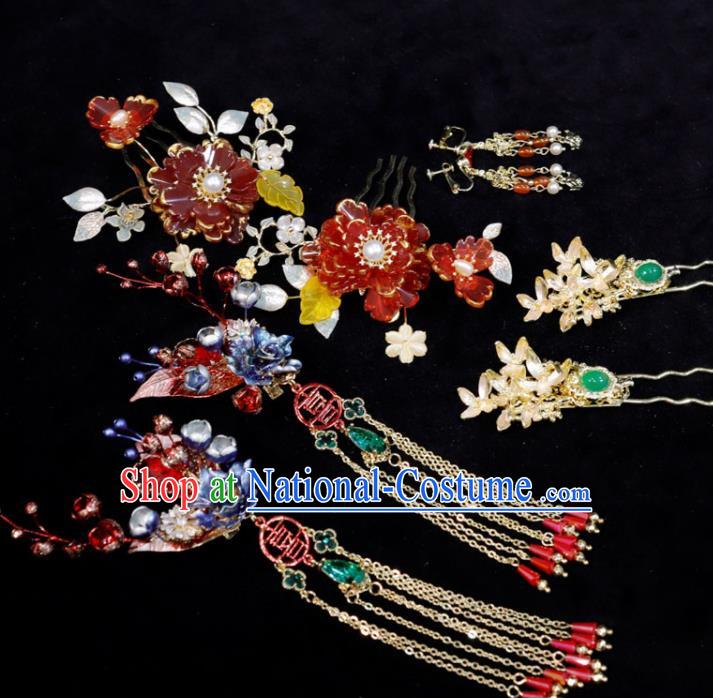 Chinese Handmade Wedding Headpieces Xiuhe Suits Hair Accessories Ancient Bride Tassel Hairpin Classical Red Peony Hair Combs