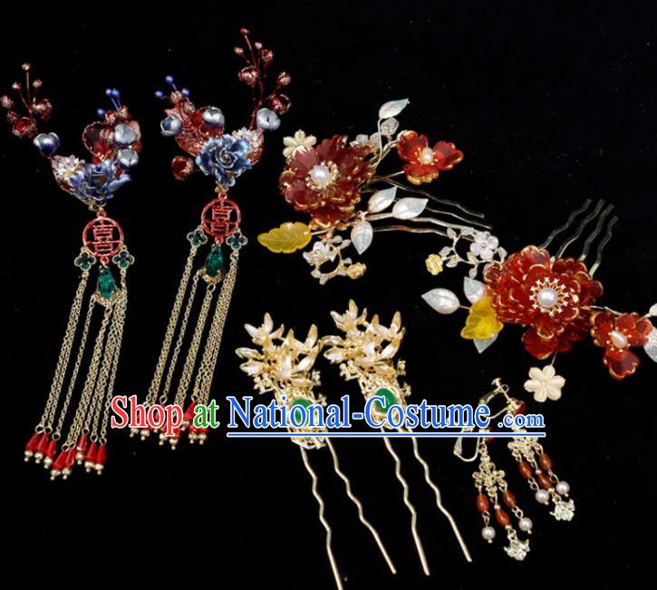 Chinese Handmade Wedding Headpieces Xiuhe Suits Hair Accessories Ancient Bride Tassel Hairpin Classical Red Peony Hair Combs