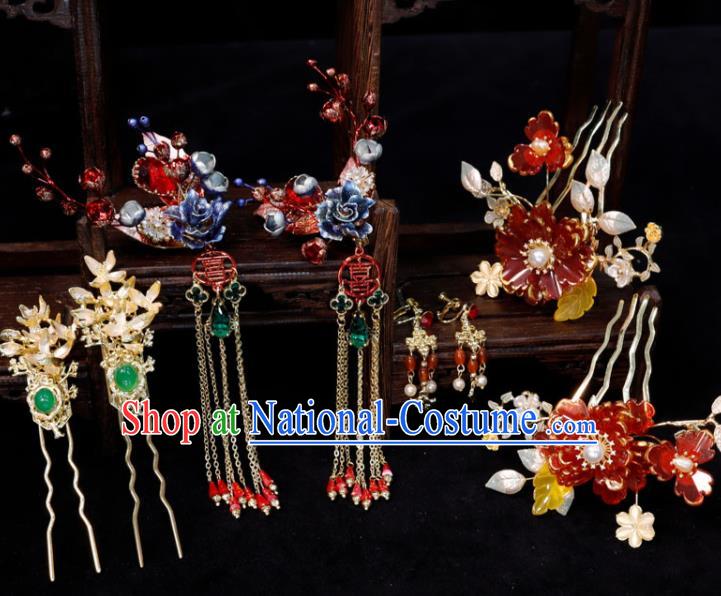 Chinese Handmade Wedding Headpieces Xiuhe Suits Hair Accessories Ancient Bride Tassel Hairpin Classical Red Peony Hair Combs