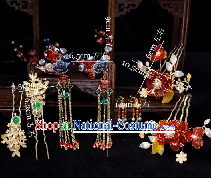 Chinese Handmade Wedding Headpieces Xiuhe Suits Hair Accessories Ancient Bride Tassel Hairpin Classical Red Peony Hair Combs