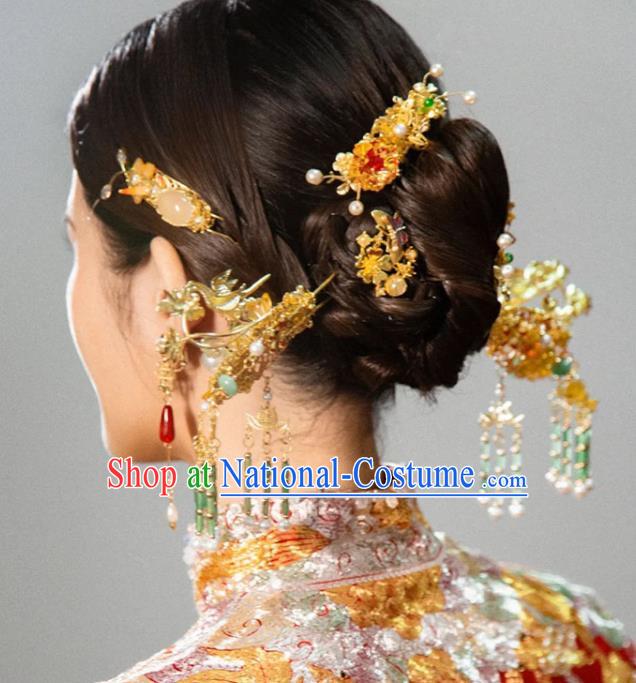 Chinese Traditional XiuHe Hair Accessories Ancient Bride Golden Dragon Hairpins Classical Jade Tassel Hair Sticks Handmade Wedding Headdress