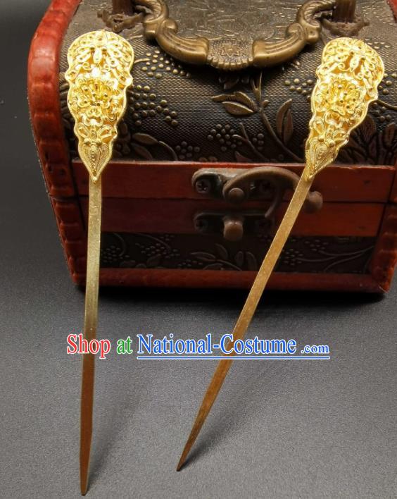 Chinese Handmade Tang Dynasty Headpiece Traditional Wedding Hair Accessories Ancient Empress Golden Hairpin Classical Gilding Hair Stick