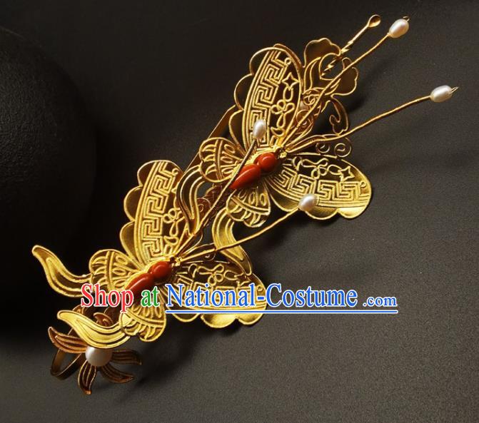 Chinese Traditional Wedding Hair Accessories Ancient Empress Agate Butterfly Hairpin Classical Gilding Hair Stick Handmade Ming Dynasty Headpiece