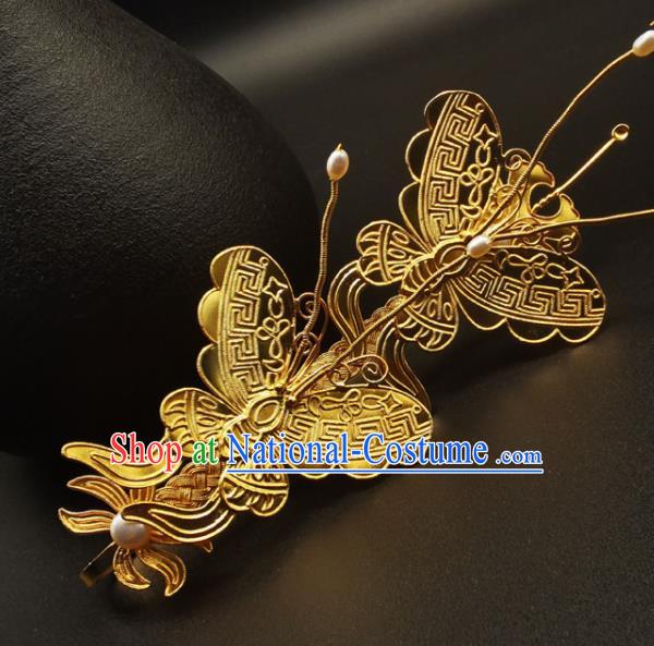 Chinese Traditional Wedding Hair Accessories Ancient Empress Agate Butterfly Hairpin Classical Gilding Hair Stick Handmade Ming Dynasty Headpiece