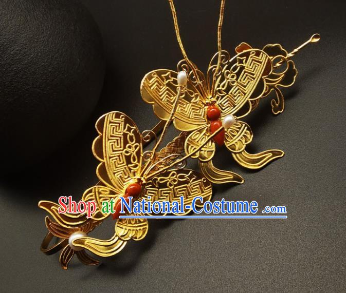 Chinese Traditional Wedding Hair Accessories Ancient Empress Agate Butterfly Hairpin Classical Gilding Hair Stick Handmade Ming Dynasty Headpiece