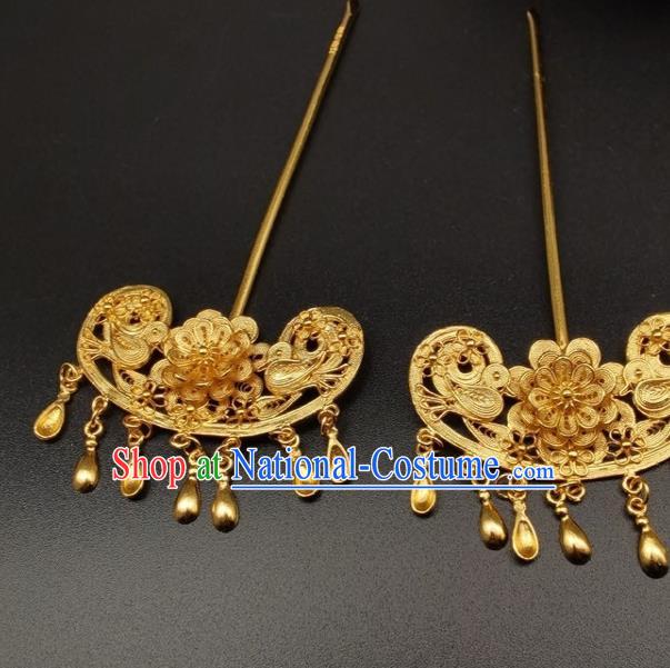 Chinese Handmade Ming Dynasty Headpiece Traditional Wedding Hair Accessories Ancient Princess Gilding Hairpin Classical Tassel Hair Stick