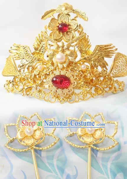 Chinese Ancient Empress Lotus Hairpins Classical Wedding Golden Hair Crown Handmade Tang Dynasty Headpieces Traditional Hanfu Hair Accessories