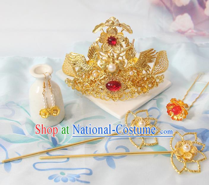 Chinese Ancient Empress Lotus Hairpins Classical Wedding Golden Hair Crown Handmade Tang Dynasty Headpieces Traditional Hanfu Hair Accessories