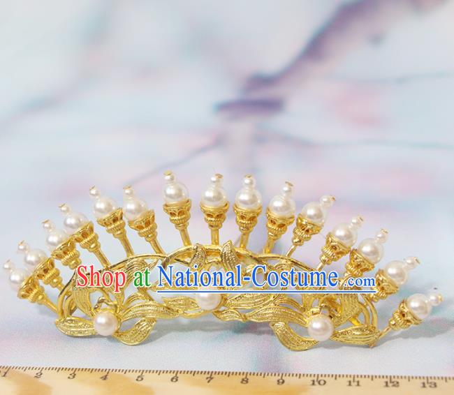 Chinese Classical Wedding Golden Orchids Hair Crown Handmade Ming Dynasty Headpiece Traditional Hanfu Hair Accessories Ancient Princess Hairpin