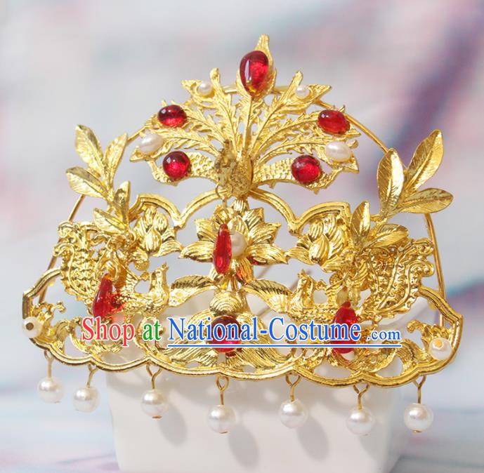 Chinese Handmade Tang Dynasty Headpiece Traditional Hanfu Hair Accessories Ancient Princess Golden Phoenix Hairpin Classical Wedding Hair Crown