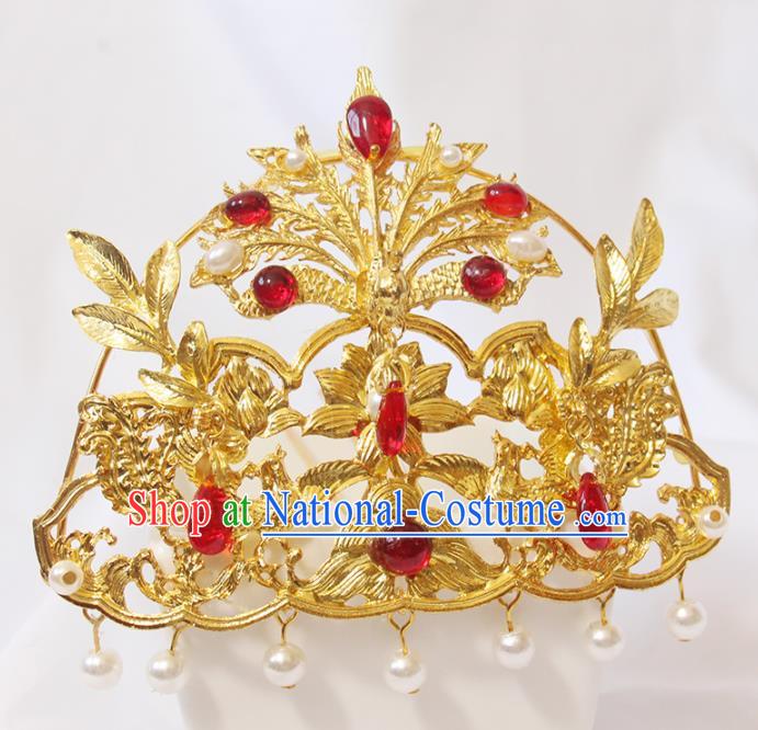 Chinese Handmade Ming Dynasty Headpiece Traditional Hanfu Hair Accessories Ancient Princess Golden Phoenix Hairpin Classical Wedding Hair Crown