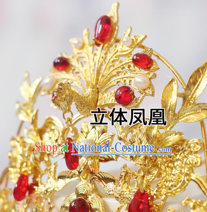 Chinese Handmade Ming Dynasty Headpiece Traditional Hanfu Hair Accessories Ancient Princess Golden Phoenix Hairpin Classical Wedding Hair Crown