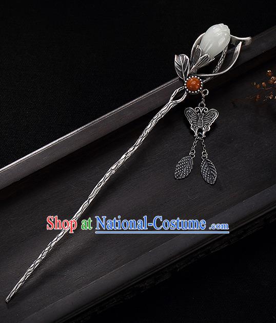 Chinese Handmade Silver Butterfly Tassel Hairpin Traditional Hair Jewelry Classical Jade Mangnolia Hair Stick Cheongsam Accessories Headpiece