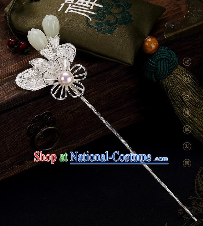 Chinese Classical Jade Mangnolia Hair Stick Cheongsam Accessories Headpiece Handmade Silver Hairpin Traditional Hair Jewelry