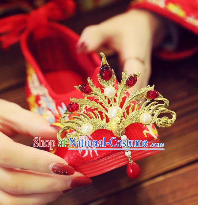 China XiuHe Red Satin Shoes Hanfu Shoes Classical Wedding Shoes Embroidered Shoes Handmade Golden Phoenix Bride Shoes