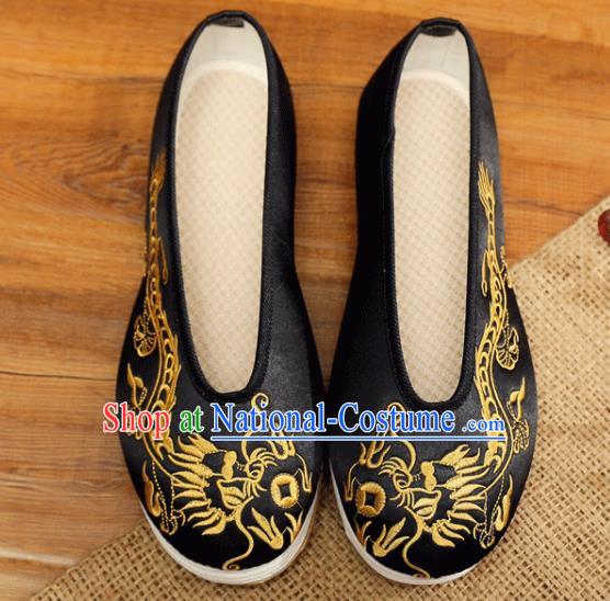 Chinese Handmade Black Satin Shoes Male Embroidered Dragon Shoes Traditional Wedding Shoes Bridegroom Shoes