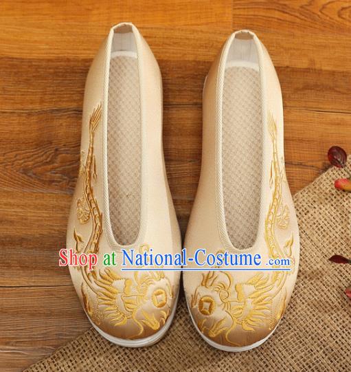 Chinese Bridegroom Shoes Handmade Light Golden Satin Shoes Male Embroidered Dragon Shoes Traditional Wedding Shoes