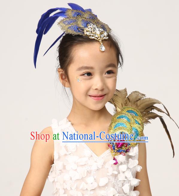 Professional Peacock Dance Royalblue Feather Hair Stick Girl Stage Performance Hair Crown Classical Dance Hair Accessories