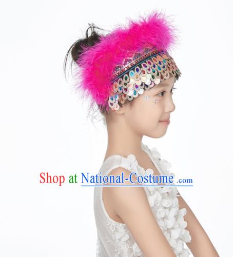 Professional China Yunnan Ethnic Dance Rosy Feather Headdress Girl Stage Performance Hair Crown Dai Nationality Dance Hair Accessories