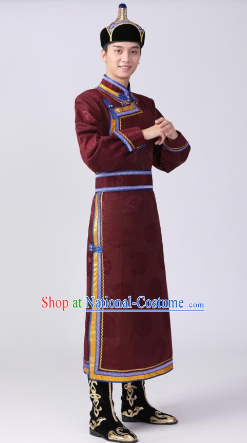 Chinese Mongolian Ethnic Dance Garment Costume Minority Folk Dance Clothing Mongol Nationality Male Performance Brownish Red Robe