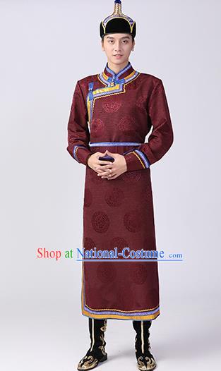 Chinese Mongolian Ethnic Dance Garment Costume Minority Folk Dance Clothing Mongol Nationality Male Performance Brownish Red Robe