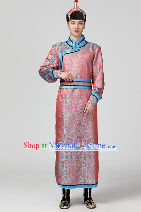 Chinese Ethnic Stage Performance Costume Minority Festival Clothing Mongol Nationality Folk Dance Pink Brocade Robe Mongolian Male Garment