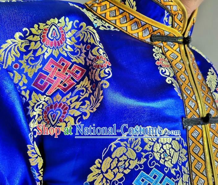 Chinese Mongolian Male Upper Outer Garment Ethnic Costume Minority Performance Clothing Mongol Nationality Folk Dance Blue Brocade Shirt