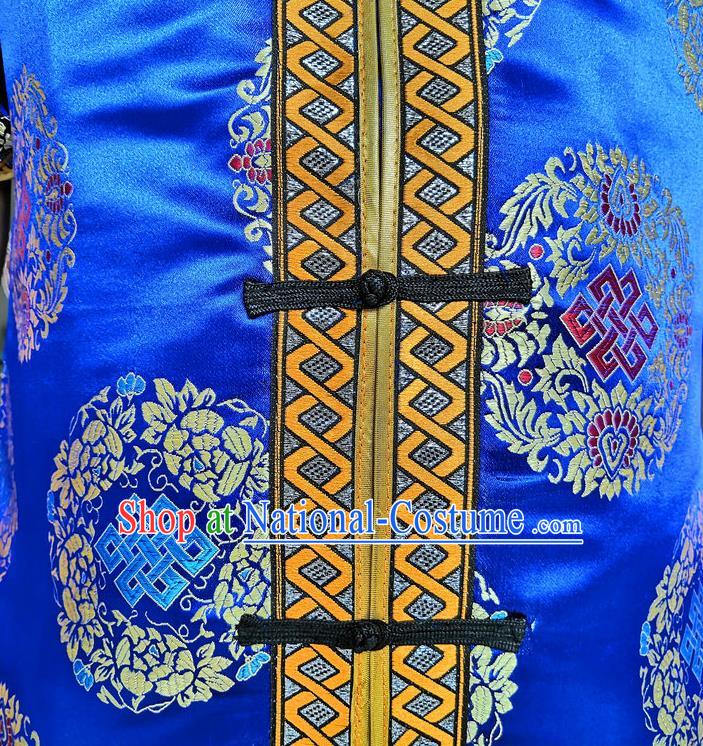 Chinese Mongolian Male Upper Outer Garment Ethnic Costume Minority Performance Clothing Mongol Nationality Folk Dance Blue Brocade Shirt